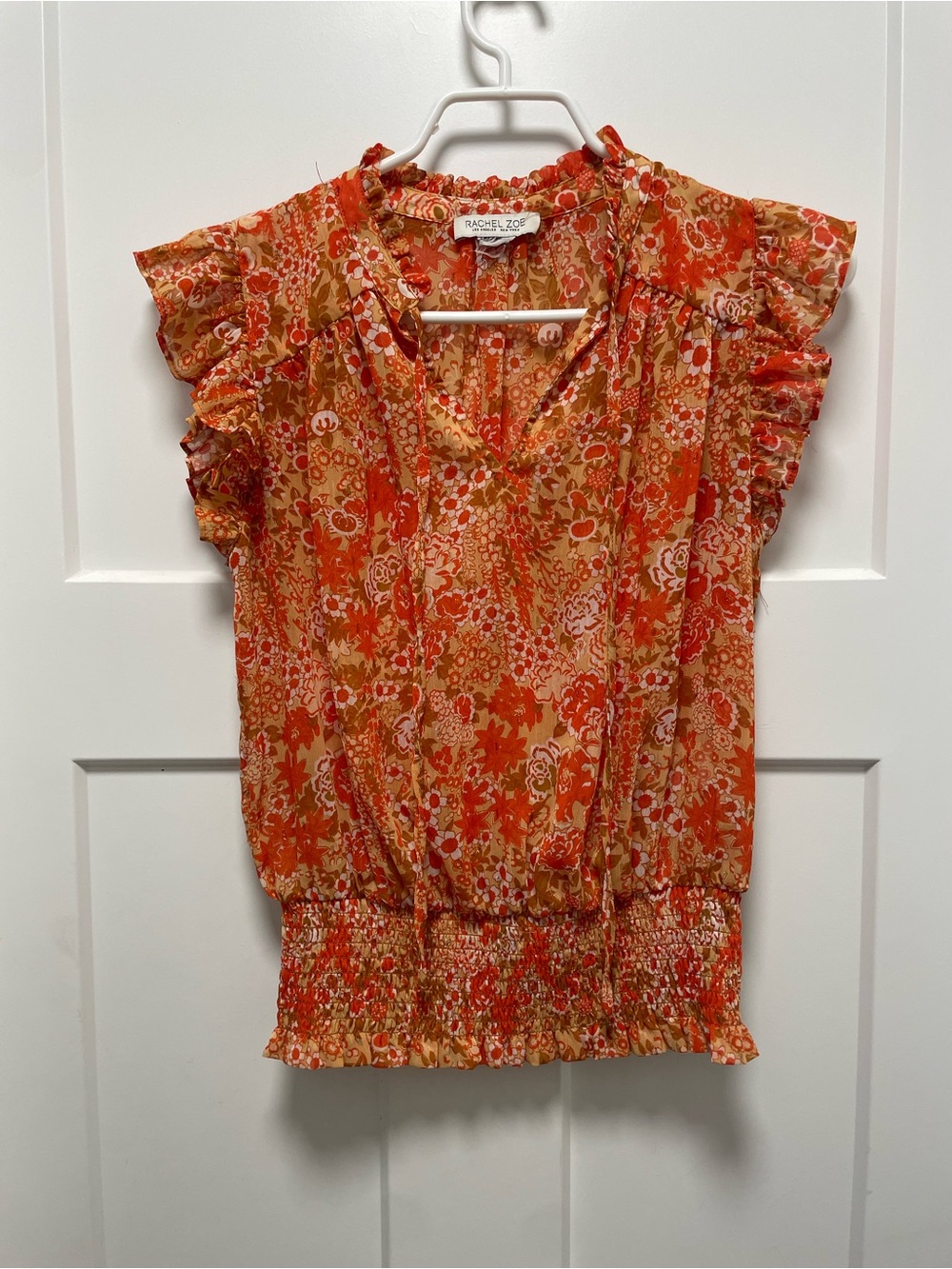 Rachel Zoe Orange Floral Ruffle Sleeve Top